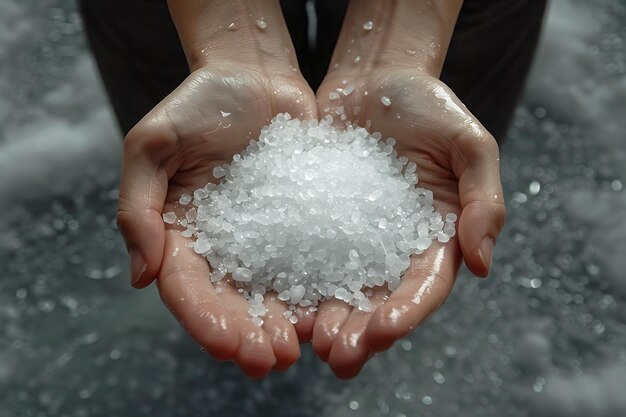 Photo two hands holding sea salt closeup