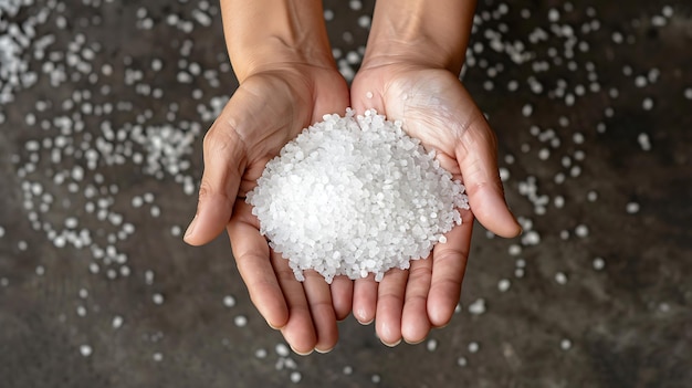 Photo two hands holding sea salt closeup