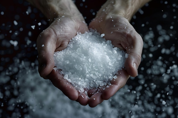 Photo two hands holding sea salt closeup