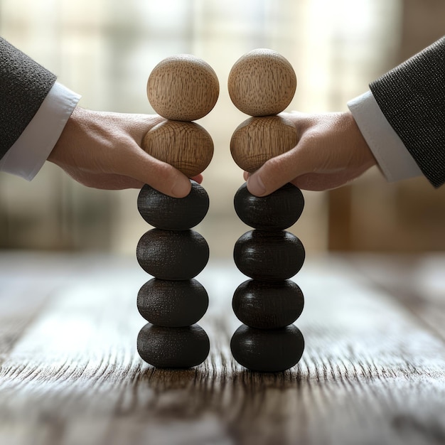 Photo two hands holding up wooden and black spheres in a balanced stack