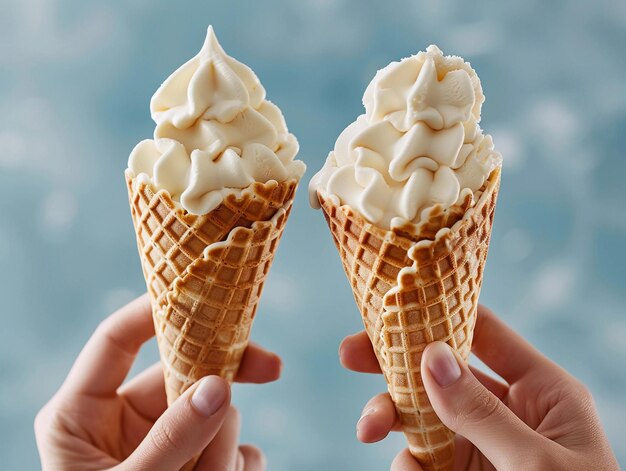 Two Hands Holding Waffle Cones with Vanilla Ice Cream