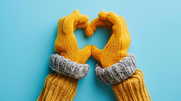 Photo two hands in mittens hold a heart shaped object