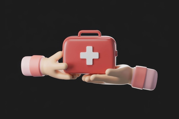 Photo two hands one holding a red first aid kit with a white cross