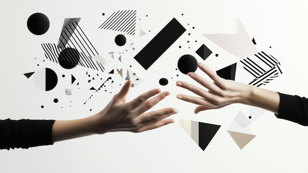 Photo two hands reach out towards each other with a black and white geometric pattern floating around them