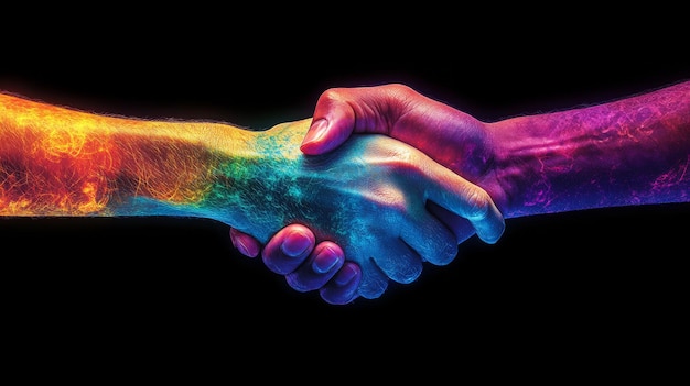 Photo two hands shake together glowing with vibrant colors symbolizing unity and diversity