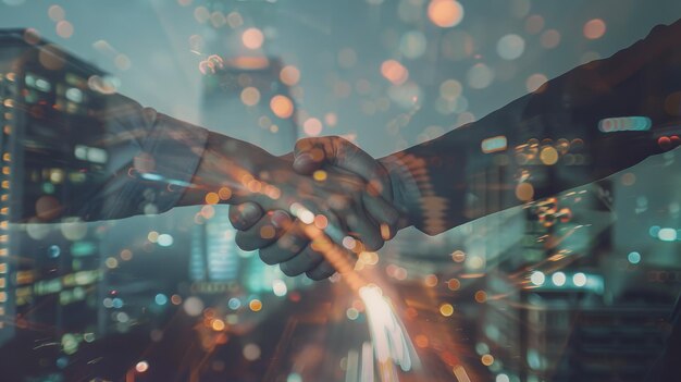 Photo two hands shaking in front of a cityscape symbolizing partnership and agreement with a blend of urban lights and business environment