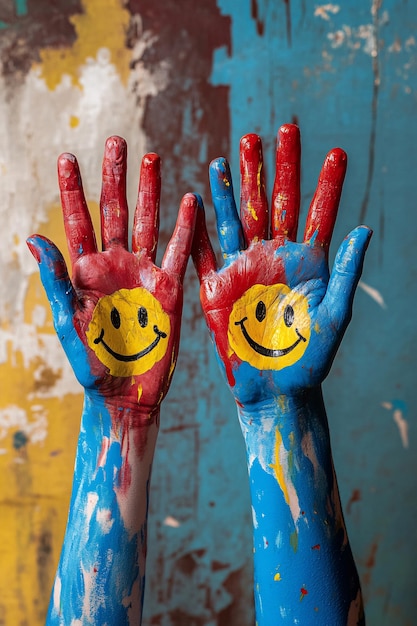 Photo two hands showing painted smiley faces on palms