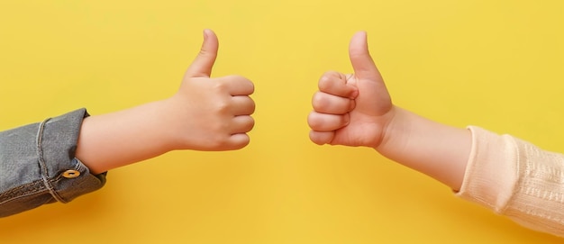 Photo two hands showing thumbsup on yellow background