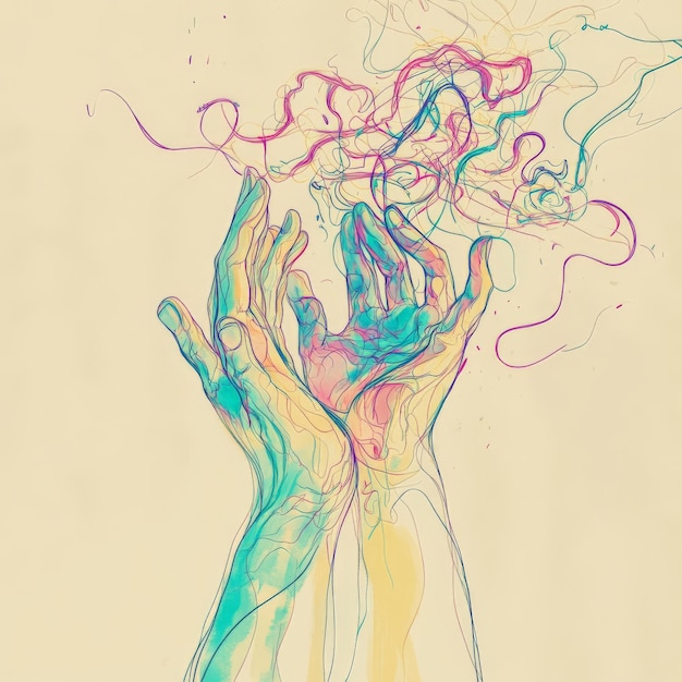 Photo two hands stretch towards each other vibrant swirls of color emanating between them symbolizing the flow of ideas and the bond of artistic expression