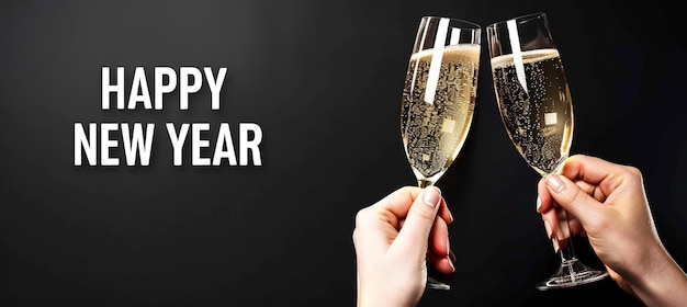 Two hands toasting with champagne glasses black background