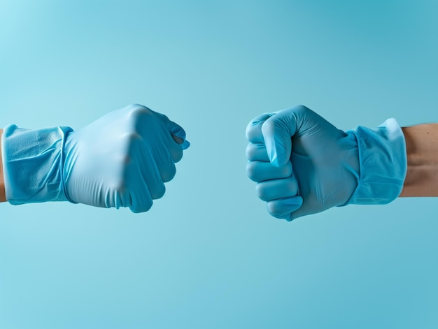 Two hands wearing blue medical gloves making a clenched fist punch