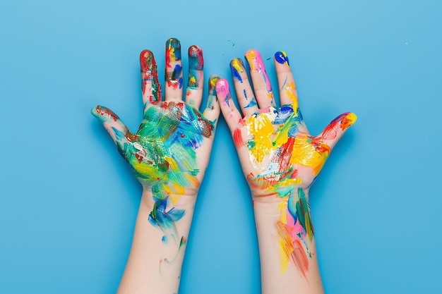 Photo two hands with colorful paint on them isolated over a blue background creative concept for childre