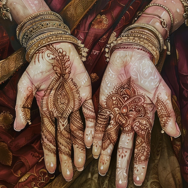 Two hands with intricate henna designs on them one on the left