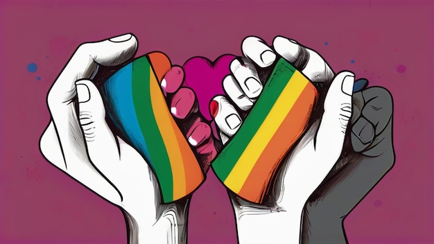 Photo two hands with a rainbow colored heart in the middle pride