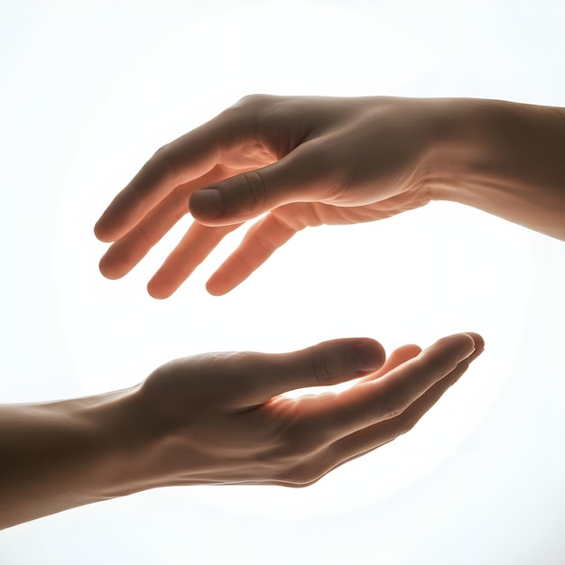 two hands with their fingers open in front of a white background