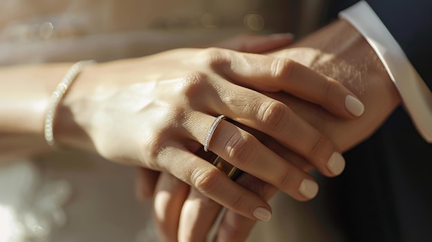 Two hands with wedding and engagement rings gently touch symbolizing union