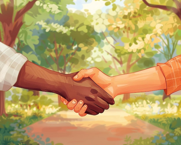 two handshake in a forest with one being shaking hands