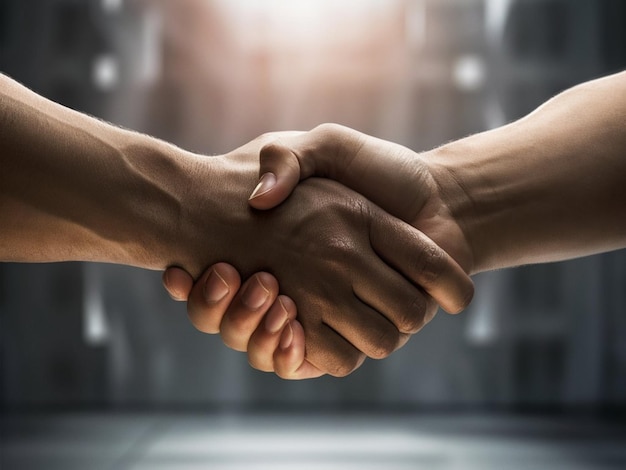 two handshake in front of a background with one being held up