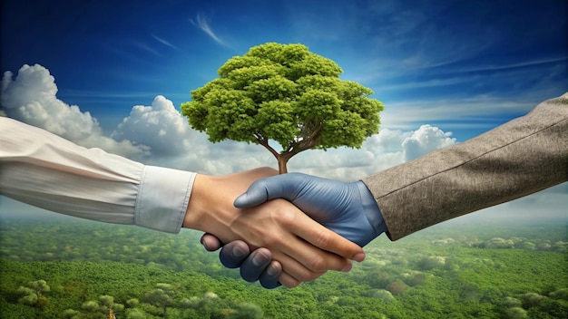 two handshake between two people shaking hands with a tree in the background