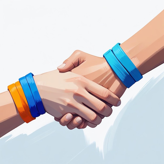 two handshake with blue and orange bands that say quot the word quot on them