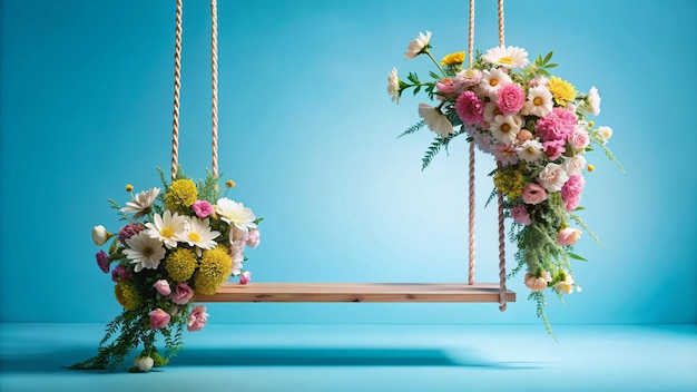 two hanging flowers are hanging from a rope