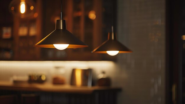 Photo two hanging pendant lights in a cafe setting