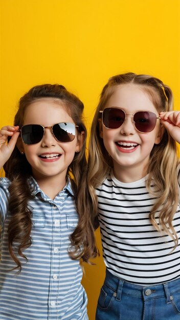 Two happy beautiful stylish little girl wearing sunglasses posing isolated at yellow studio backgro