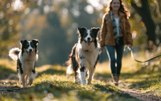 Two Happy Border Collies Enjoying an Autumn Walk With Their Owner