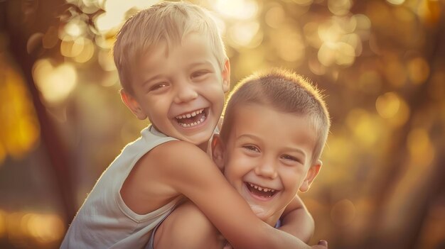 Two happy boys happy brothers who are smiling happily together Brothers play outdoor Generative AI