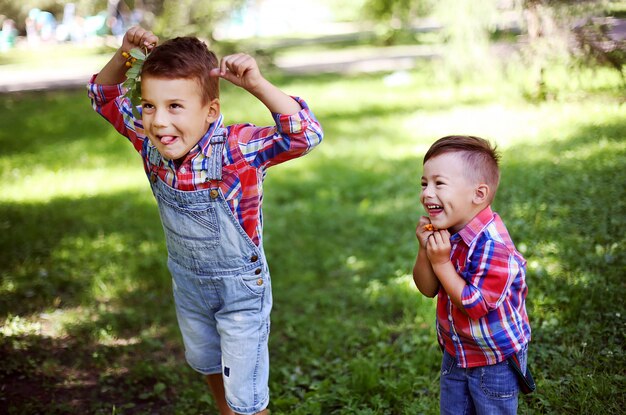 Two happy brothers having fun together in summer park. Little boys