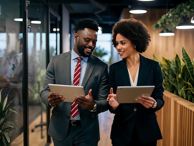 Two Happy Business Man and Woman Executives Partners Team Working Together Walking in Office