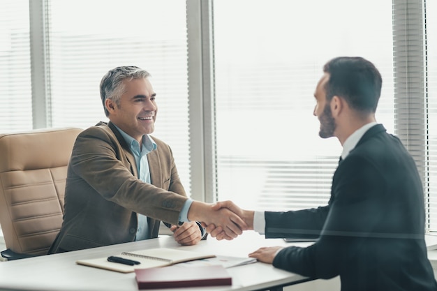 The two happy businessmen handshaking over the glass in the office