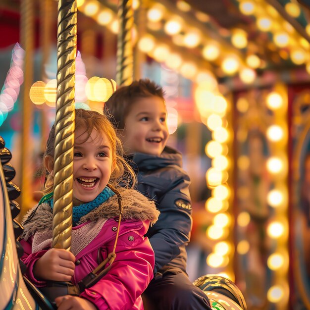 Two happy children ride a carousel at a fair