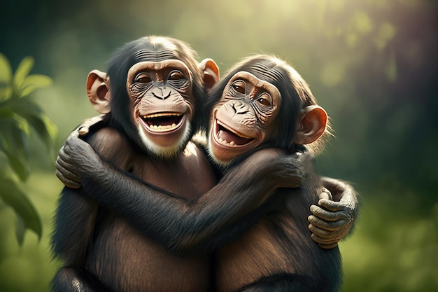 Two Happy Chimpanzees Hugging Each Other in a Blurred Nature Background