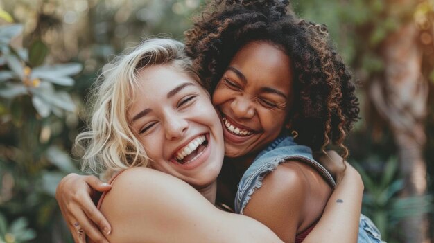 Two Happy Friends Hugging Outdoors