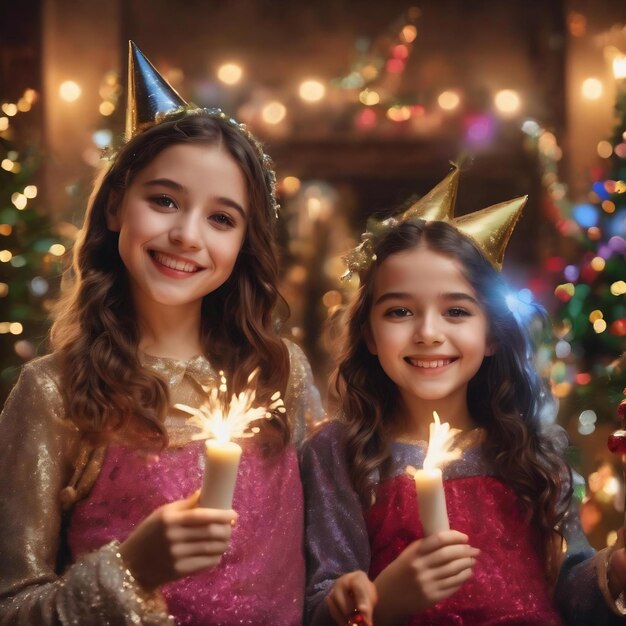 Two happy girls celebrating new year