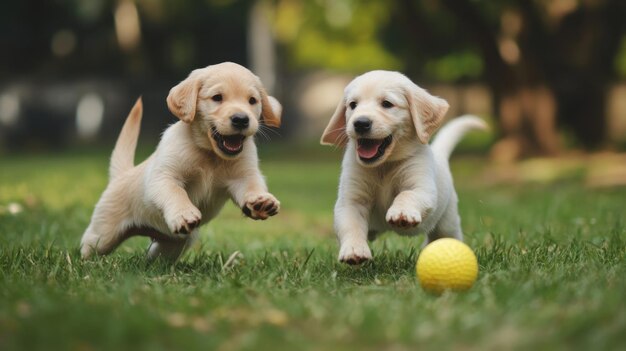 Photo two happy golden retriever puppies playing with a ball in the garden