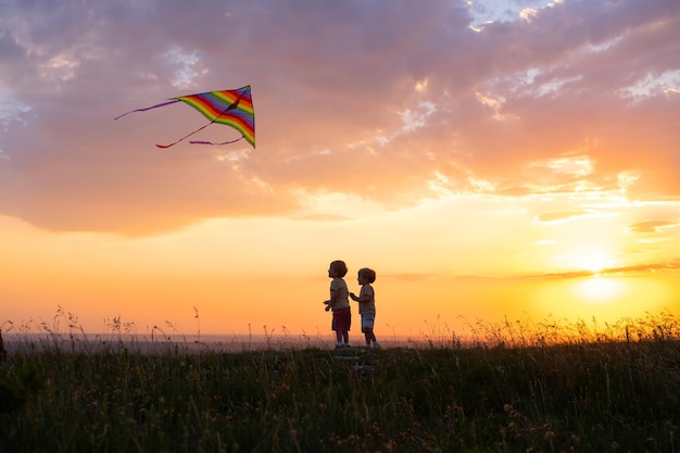 two happy little kids boys having fun with kite in nature at sunset