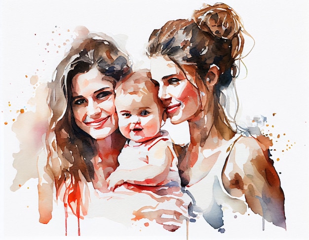 Two happy mothers hugging their baby kid LGBT family portrait soft color watercolor paint splash illustration Generative Ai