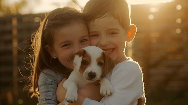 Two happy smiling kids boy and girl cuddling with pet jack russell terrier puppy in Generative AI