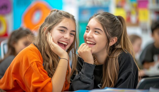 Photo two happy students laughing together in a classroom setting during a break