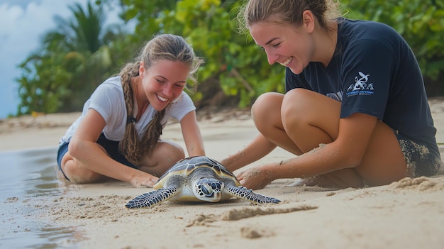 Photo two happy women crouching on a beach with a sea turtle