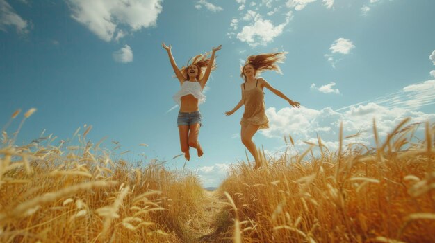 Photo two happy women jumping in a wheat field