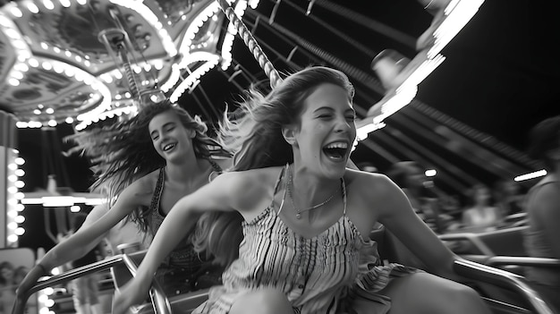 Photo two happy women laughing while riding a carousel