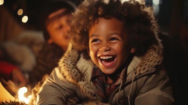 Two happy young black children unwrapping gifts Generative AI