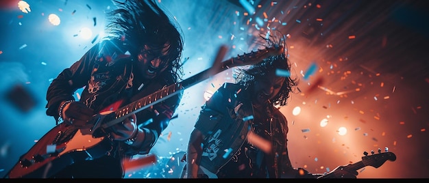 Photo two happy young men with long hair playing electric guitars