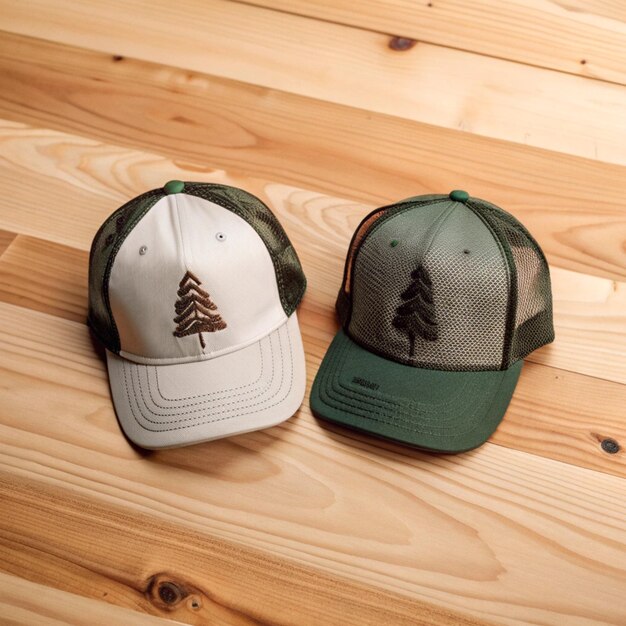 Photo two hats that say christmas trees are on a wooden surface