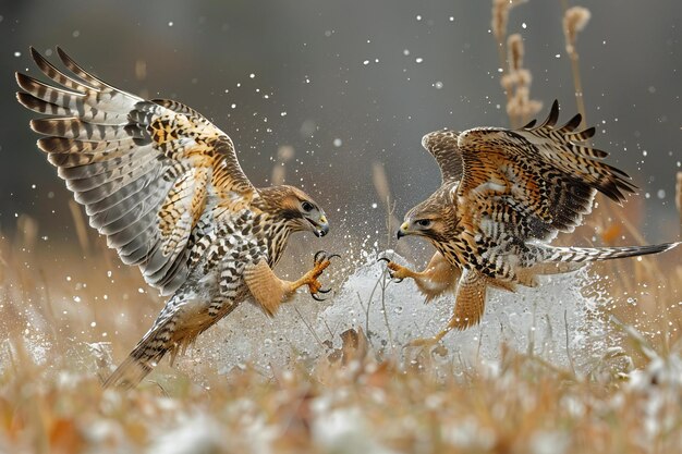 Photo two hawks fight in a field with their wings spread