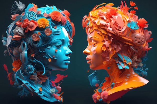 Two heads of a woman with flowers on them.