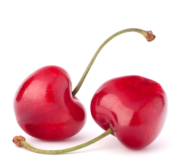 Two heart shaped cherry berries isolated on white background cutout